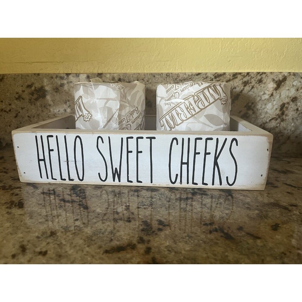 Wood Toilet Paper Holder Hello Sweet Cheeks & Nice Butt Bathroom Decor Tray Box - Picture 2 of 8